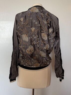 Zara Embroidered Floral Bomber Jacket in Charcoal and Gold